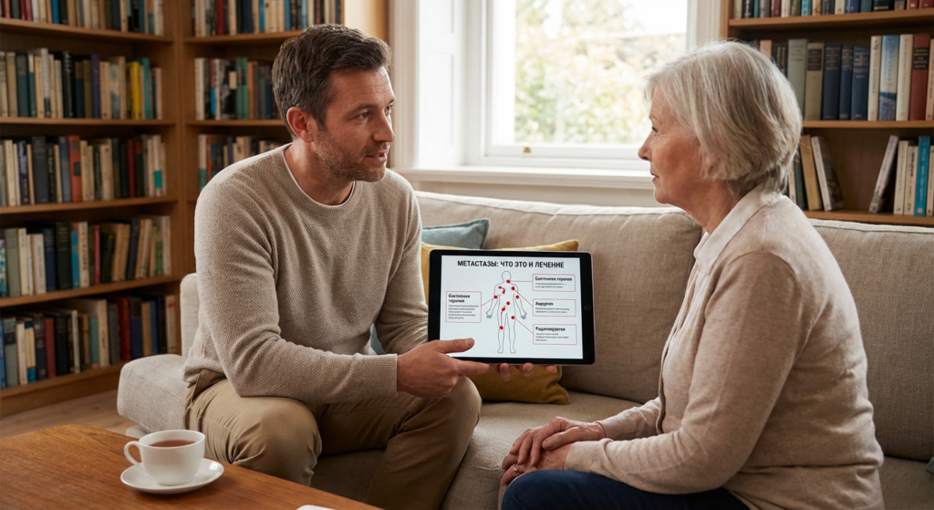 Врач онколог объясняет пациенту результаты ПЭТ-КТ при метастазах