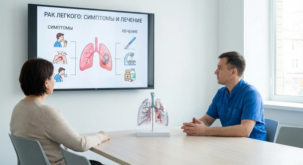 Врач рассматривает рентгеновский снимок легких пациента, объясняя диагноз