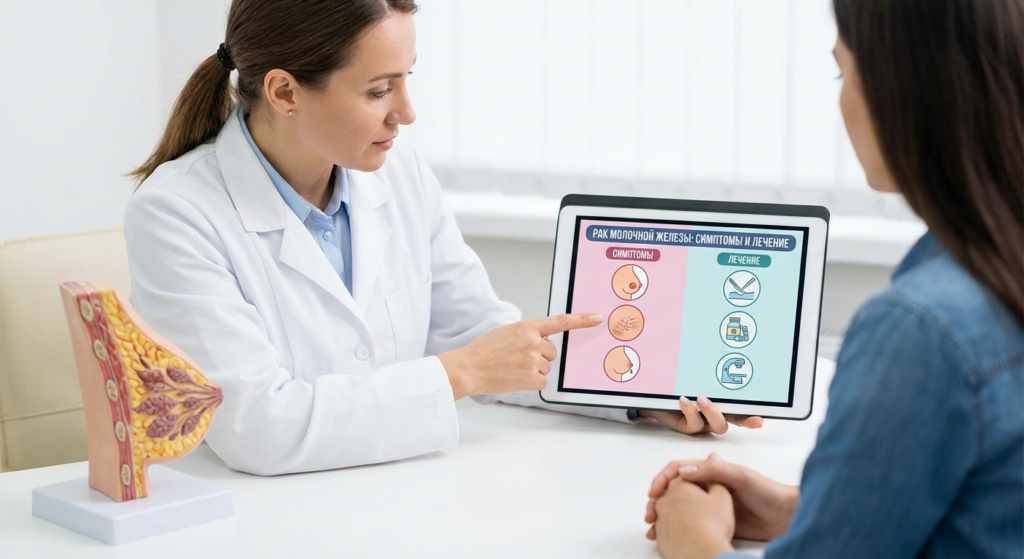 Врач проводит осмотр и консультацию пациентки с подозрением на рак молочной железы