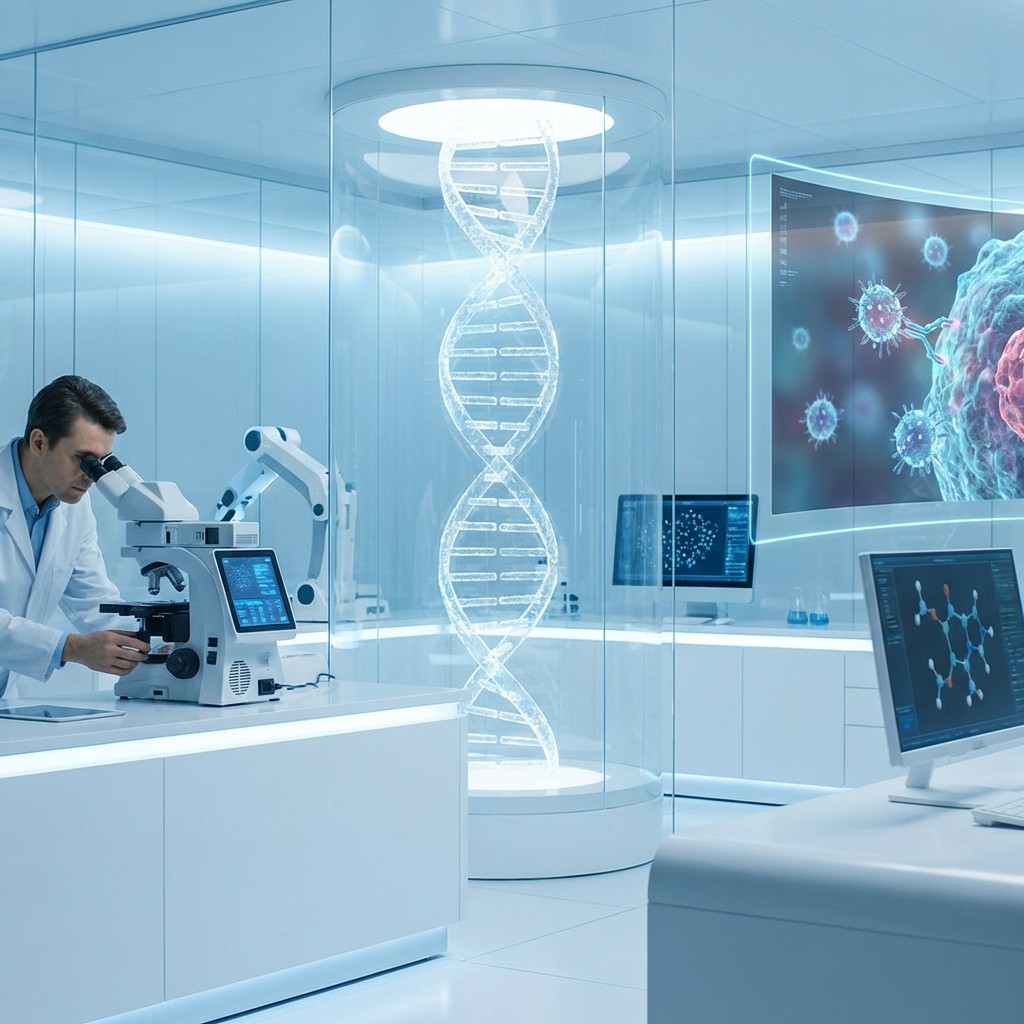 Врач-онколог демонстрирует современные методы лечения рака на цифровом экране