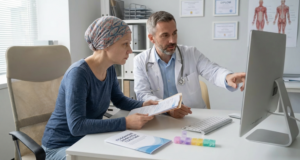 Врач-онколог изучает медицинские документы и снимки пациента для предоставления второго мнения