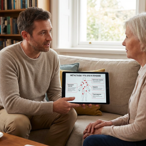 Врач онколог объясняет пациенту результаты ПЭТ-КТ при метастазах