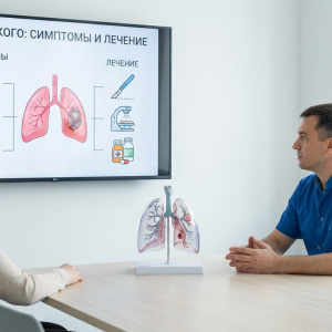 Врач рассматривает рентгеновский снимок легких пациента, объясняя диагноз