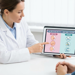 Врач проводит осмотр и консультацию пациентки с подозрением на рак молочной железы