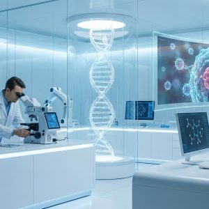 Врач-онколог демонстрирует современные методы лечения рака на цифровом экране