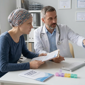 Врач-онколог изучает медицинские документы и снимки пациента для предоставления второго мнения